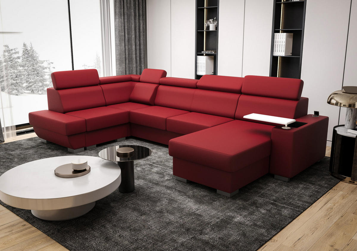 WOHNLANDSCHAFT KONGO RBN20, Eckcouch in U-Form mit Schlaffunktion, Farbe: Rot, Kunstleder, Ottomane Rechts - Rot, Textil (340/103/200cm) - O-Sofa