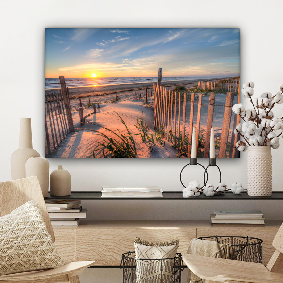 LEINWANDBILD Strand - Meer - Düne - Sonnenuntergang - Landschaft Gemälde 60x40 cm - Beige, Textil (60/40cm) - MuchoWow