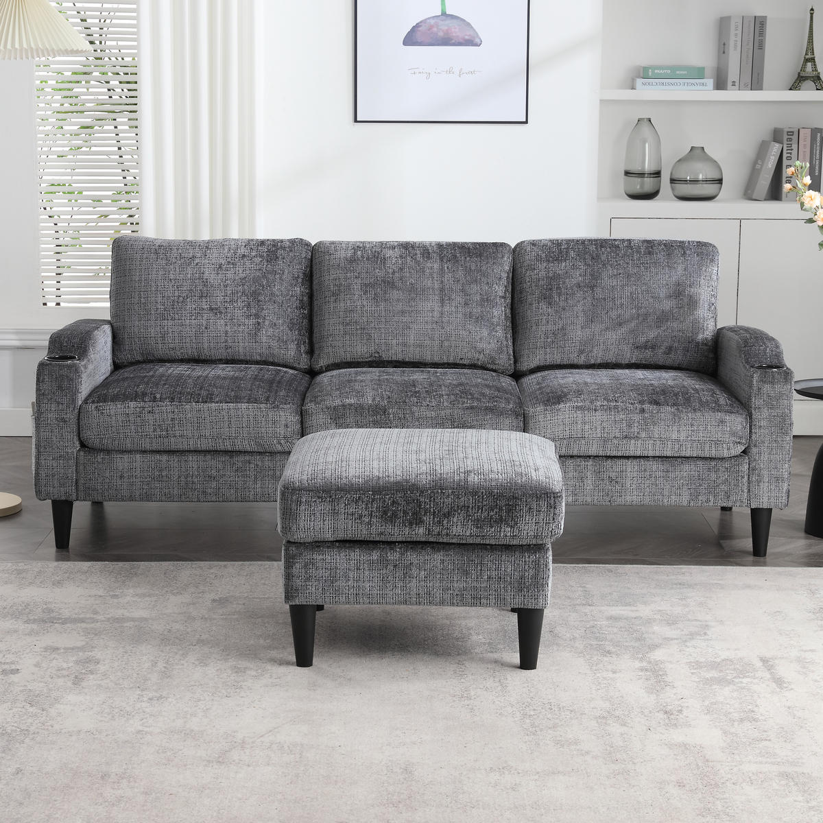SITZGARNITUR 4-SITZER Chenille Grau mit Stauraum - Grau, Holzwerkstoff/Kunststoff (196.5/77/75cm) - WISHDOR
