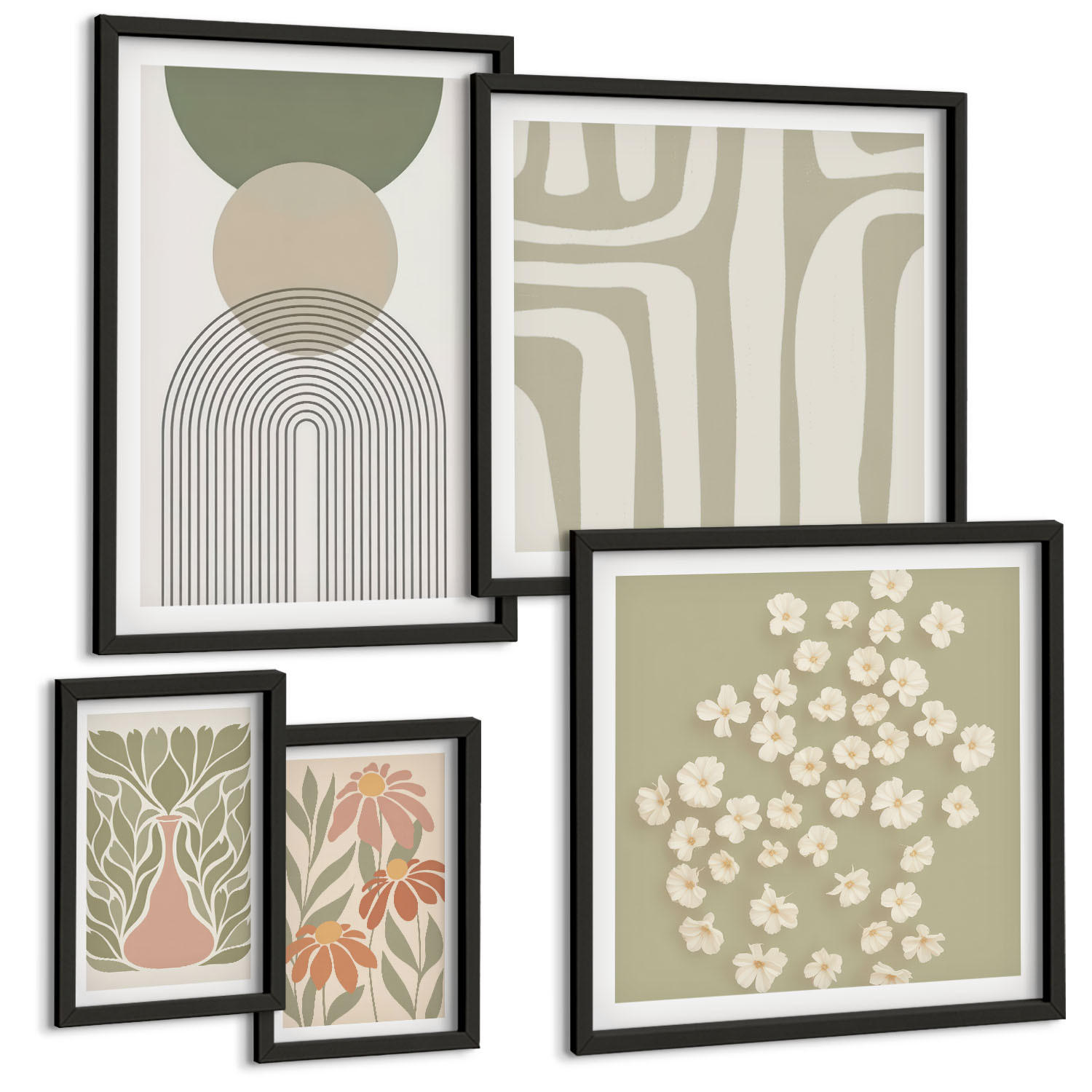BILDER SET 5er Set - 50x50 cm & 20x30 cm & 40x60 cm Schwarzer Rahmen - Floraler minimalistischer Boho-Stil - Schwarz, Kunststoff (40/60cm) - TULUP