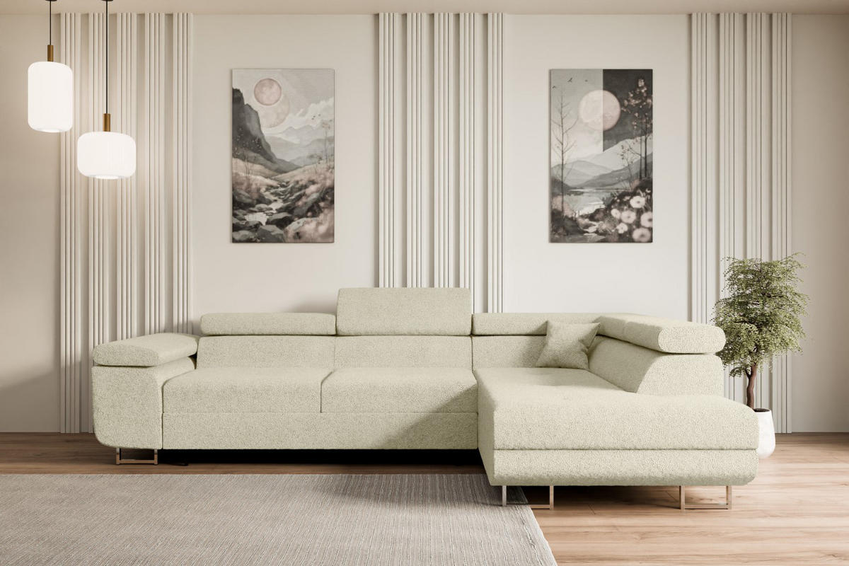 ECKSOFA mit Schlaffunktion und Bettkasten GUSA-L 272x202x107 cm Beige Bouclé - Beige/Silberfarben, Holzwerkstoff/Textil (272/202cm) - ALTDECOR