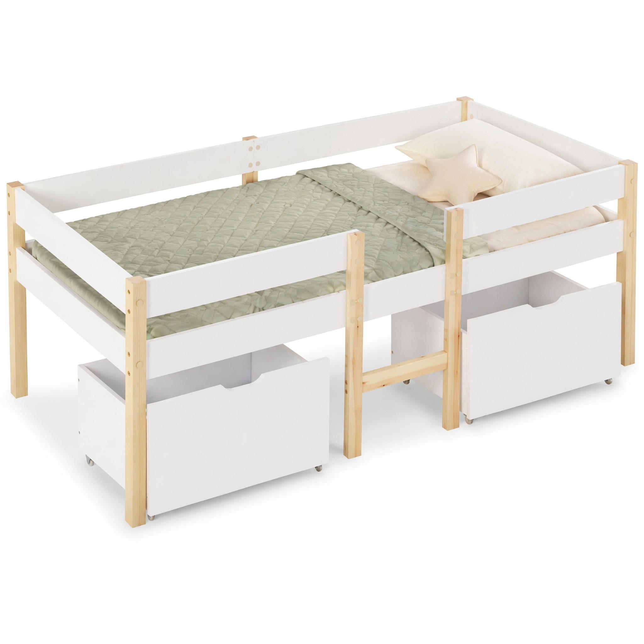 HOCHBETT 90/190 cm in Weiß mit 2 Schubladen und Rausfallschutz aus Massivholz im skandinavischen Design - Weiß/Naturfarben, Holzwerkstoff (90/190cm) - STILVORA