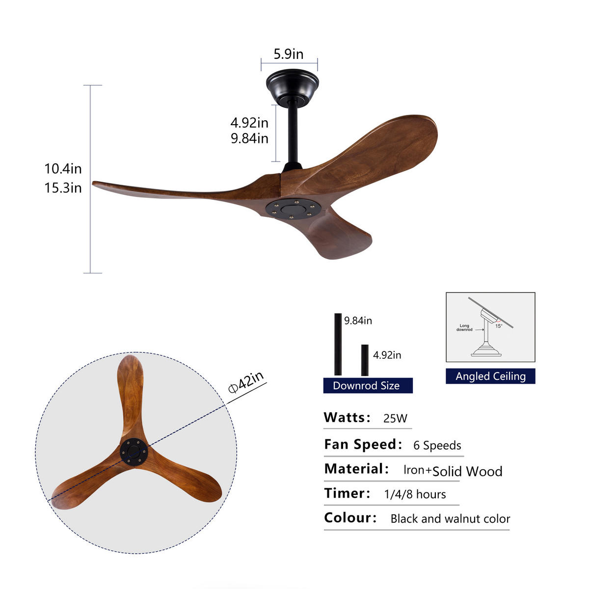 DECKENVENTILATOR 42Zoll Holzflügel Propeller Design Fernbedienung - Schwarz, Kunststoff (107/107/32cm) - CASIVA