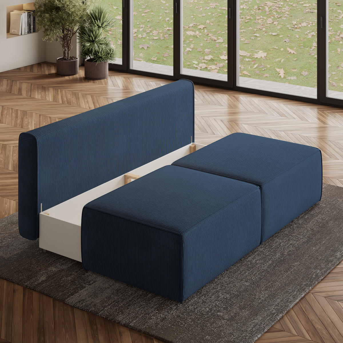 ECKSOFA VARNA P Blau Kordstoff mit Schlaffunktion - Blau, Holz (196/158cm) - MASSENO