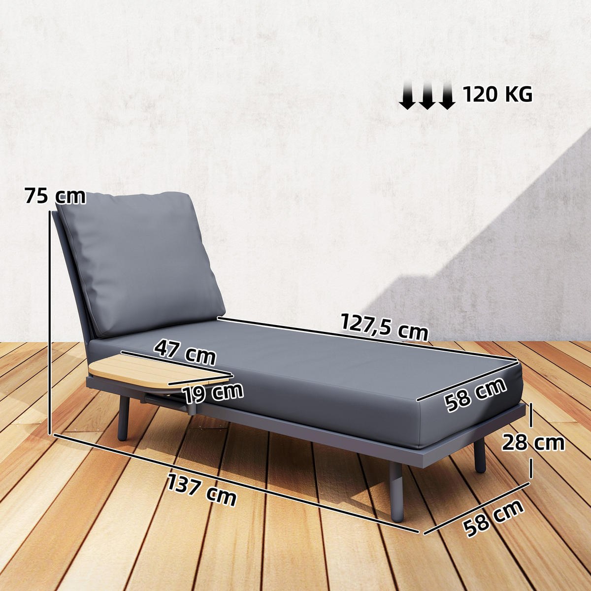 SONNENLIEGE DE-15703 mit Seitenablage Grau - Grau, Metall (137/75/58cm) - ComfortXL