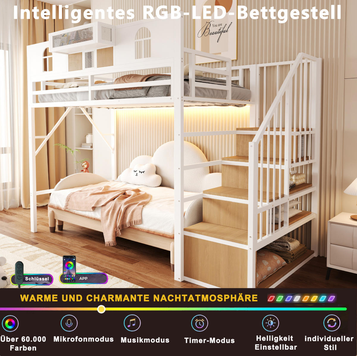 HOCHBETT 90/200 cm aus Metall mit Lichtleiste, Stauraumleiter, Weiß - Weiß, Metall (90/200cm) - OKMYHOME