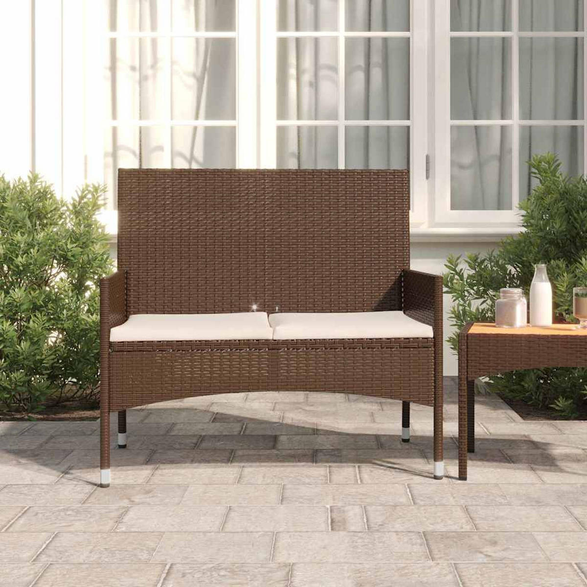 GARTENBANK 2-Sitzer mit Kissen Braun Poly Rattan - Braun, Holz (90/85/51cm) - furnicato