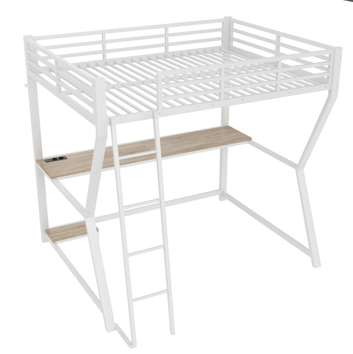 HOCHBETT 140/200 cm Weiß aus Metall mit Schreibtisch und LED-Lichtleiste - Weiß, Metall (140/200cm) - OKMYHOME