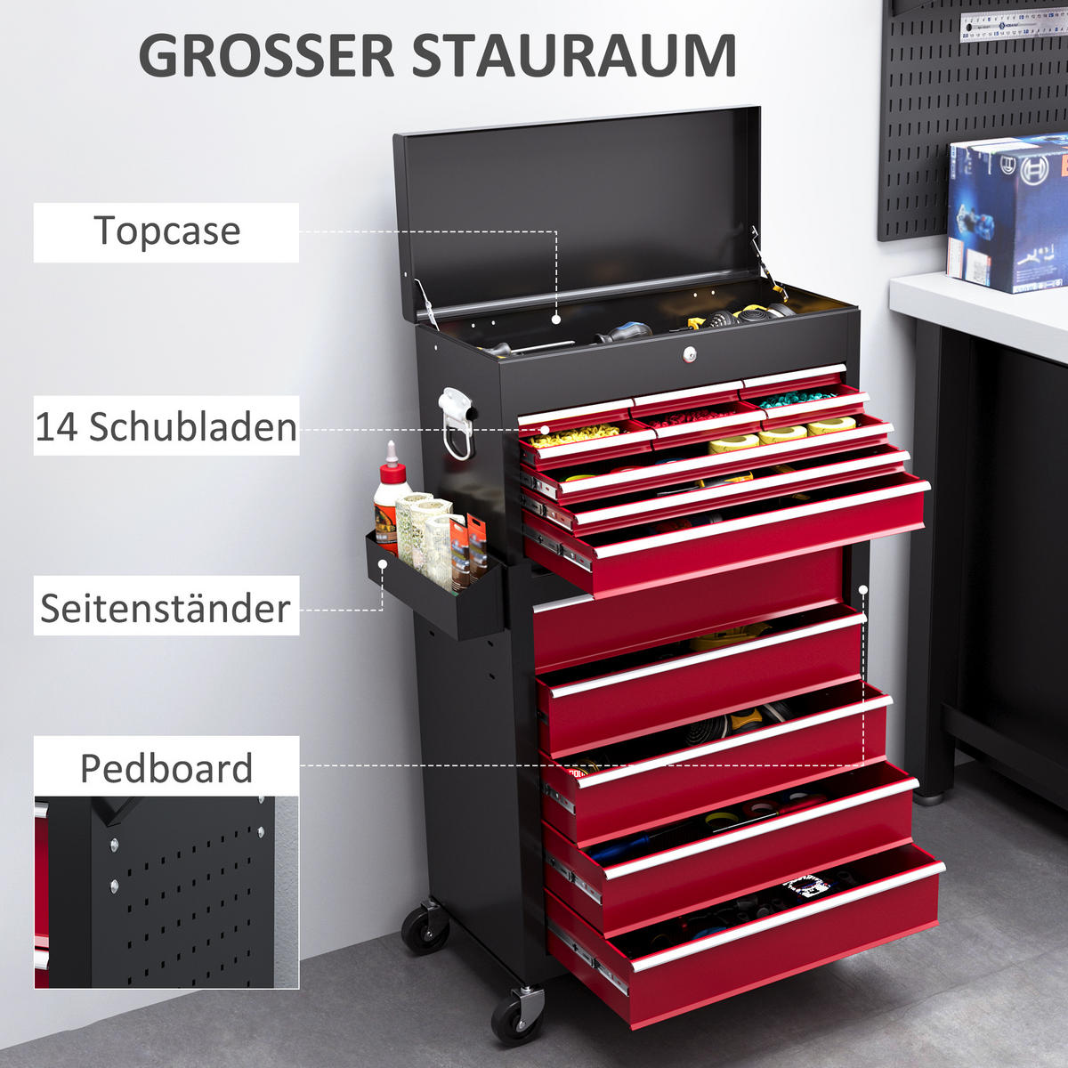 WERKSTATTWAGEN mit Rollen, mit 14 Schubladen, Rot - Rot, Metall (76/75/33cm) - HOMCOM