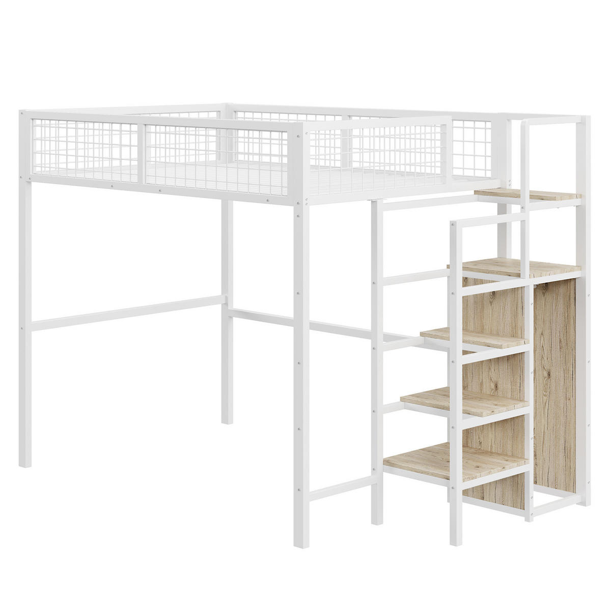 VYVÝŠENÁ posteľ 140/200 cm kov/MDF biela, s rebríkom a šatníkom - biela, kov (140/200cm) - BEAOK