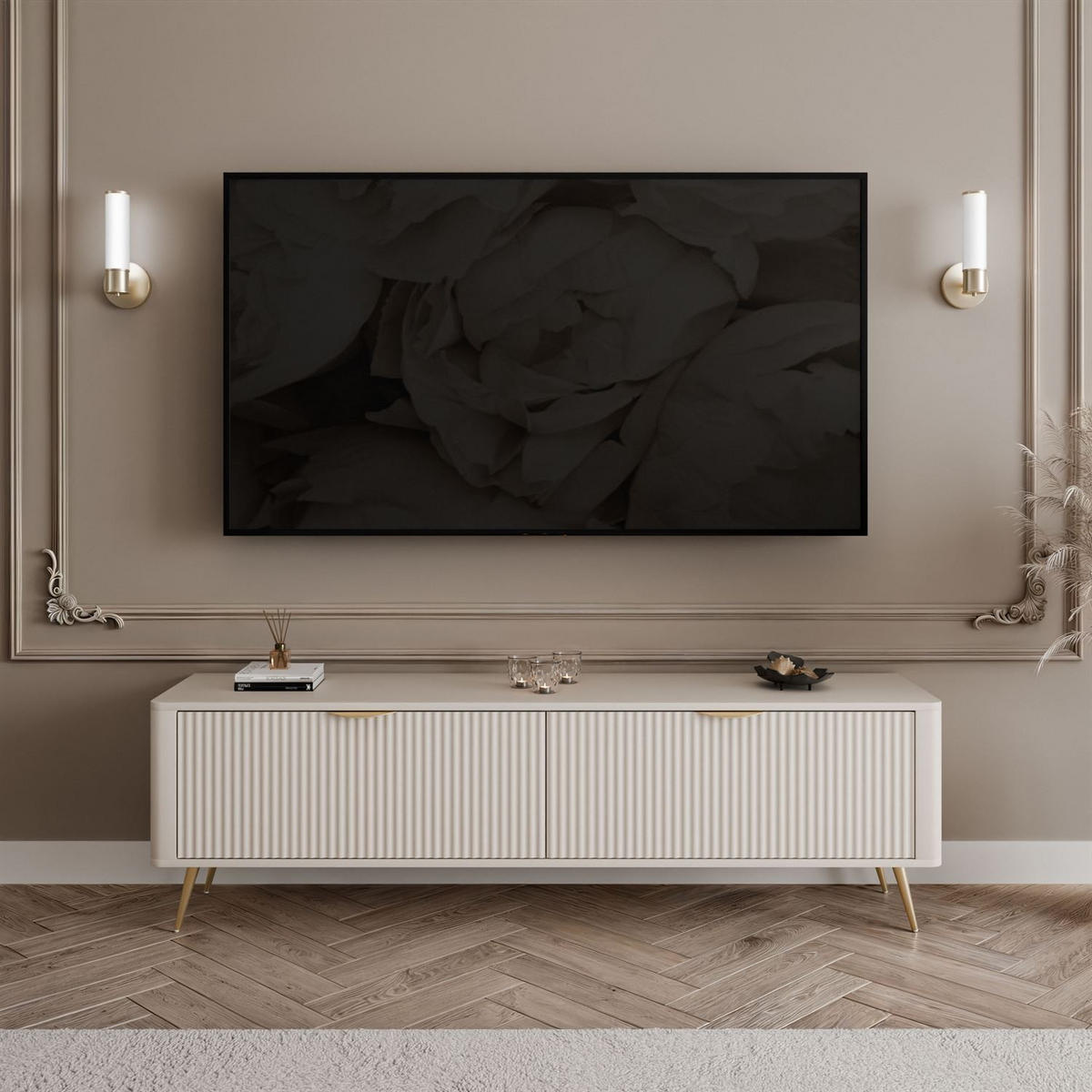 TV-UNIT SCARLETT 2D 163 CM BEIGE + GOLD - Beige/Goldfarben, Holzwerkstoff (163/51/38cm) - Lookway