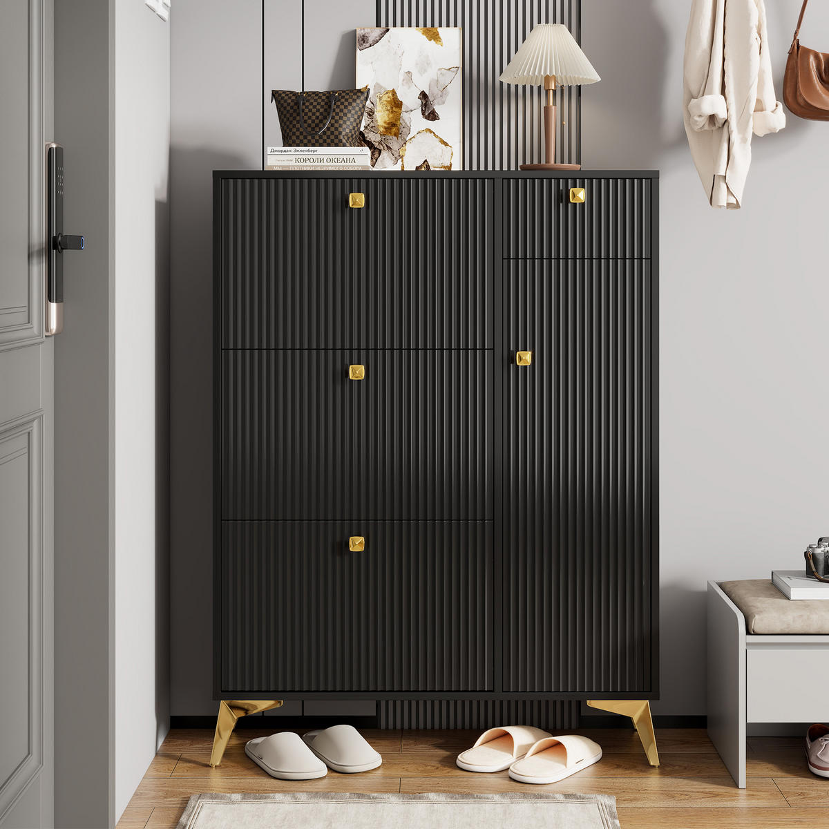 SCHUHSCHRANK Schwarz 3 Klappen Schublade Tür 90x25x121cm - Schwarz, Holzwerkstoff (25/121/90cm) - FLIEKS