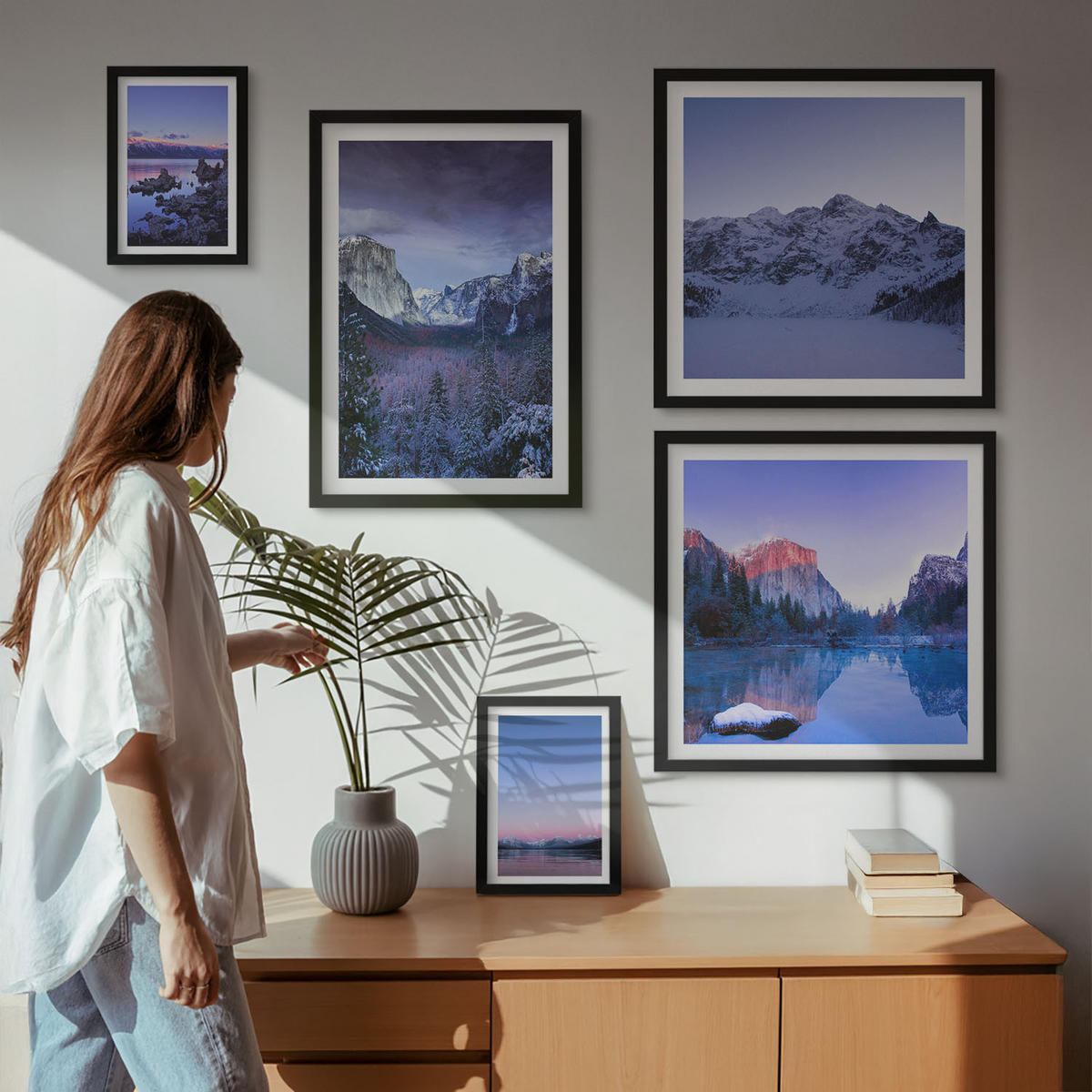 BILDER SET 5er Set - 50x50 cm & 20x30 cm & 40x60 cm Schwarzer Rahmen - Berglandschaften, Sonnenuntergang, Wasser - Schwarz, Kunststoff (40/60cm) - TULUP