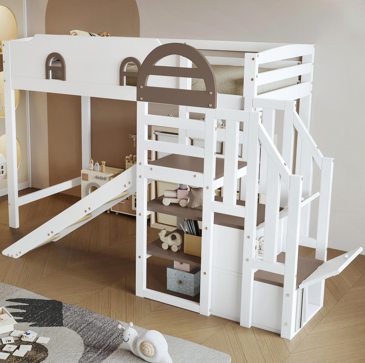 ETAGENBETT 90/200 cm mit Rutsche und Stauraumtreppe, Weiß - Weiß, Holzwerkstoff (90/200cm) - Flora Grace