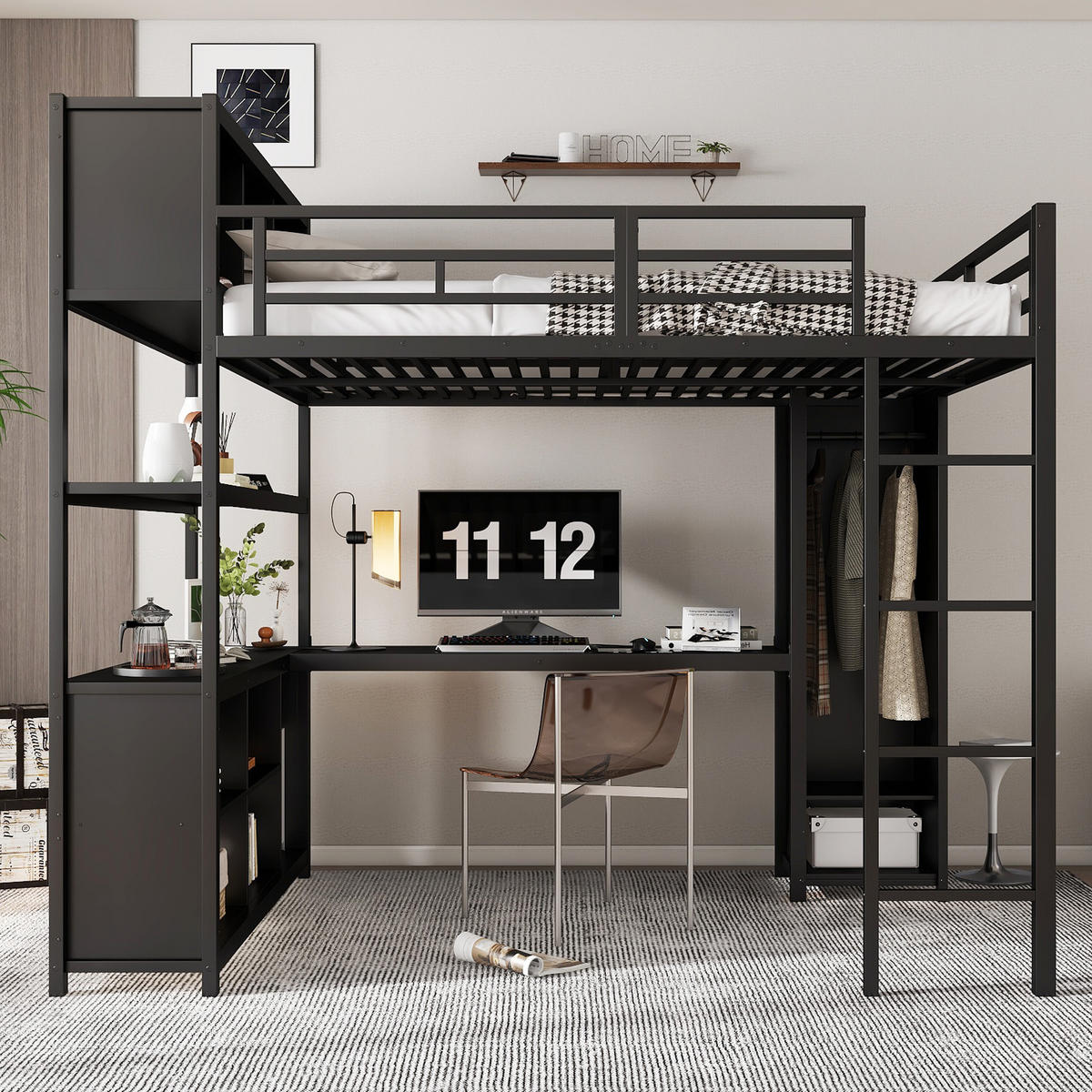 HOCHBETT 140x200 cm Schreibtisch Schrank schwarz - Schwarz, Metall (140/200cm) - LEBENLANG