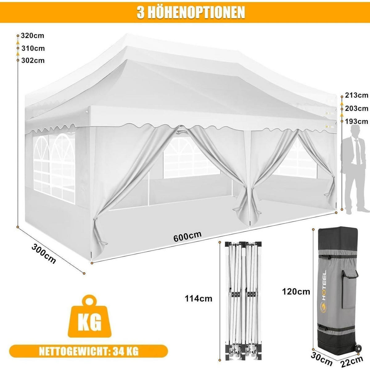 FALTPAVILLON 3x6m Weiß mit 6 Seitenwänden Metall - Weiß, Metall (300/320/600cm)