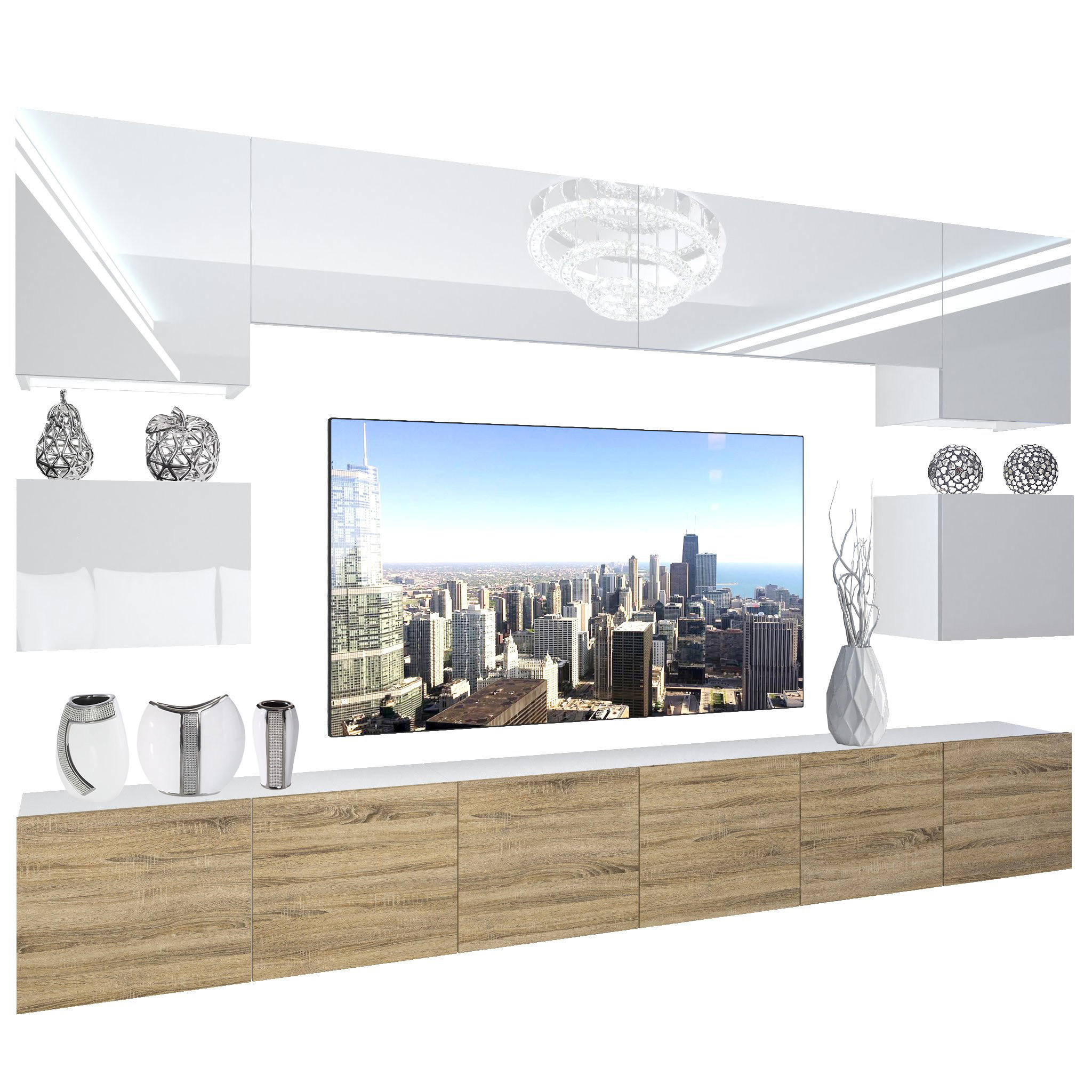 WOHNZIMMERWAND Schrankwand mit LED Weiß / Sonoma Eiche - Weiß/Sonoma Eiche, Holz (300/180/36cm) - B BELINI GROUP