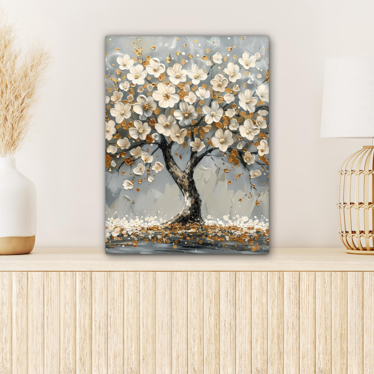 LEINWANDBILD Baum - Blumen - Weiß - Natur - Kunst 30x40 cm - Weiß, Textil (30/40cm) - MuchoWow