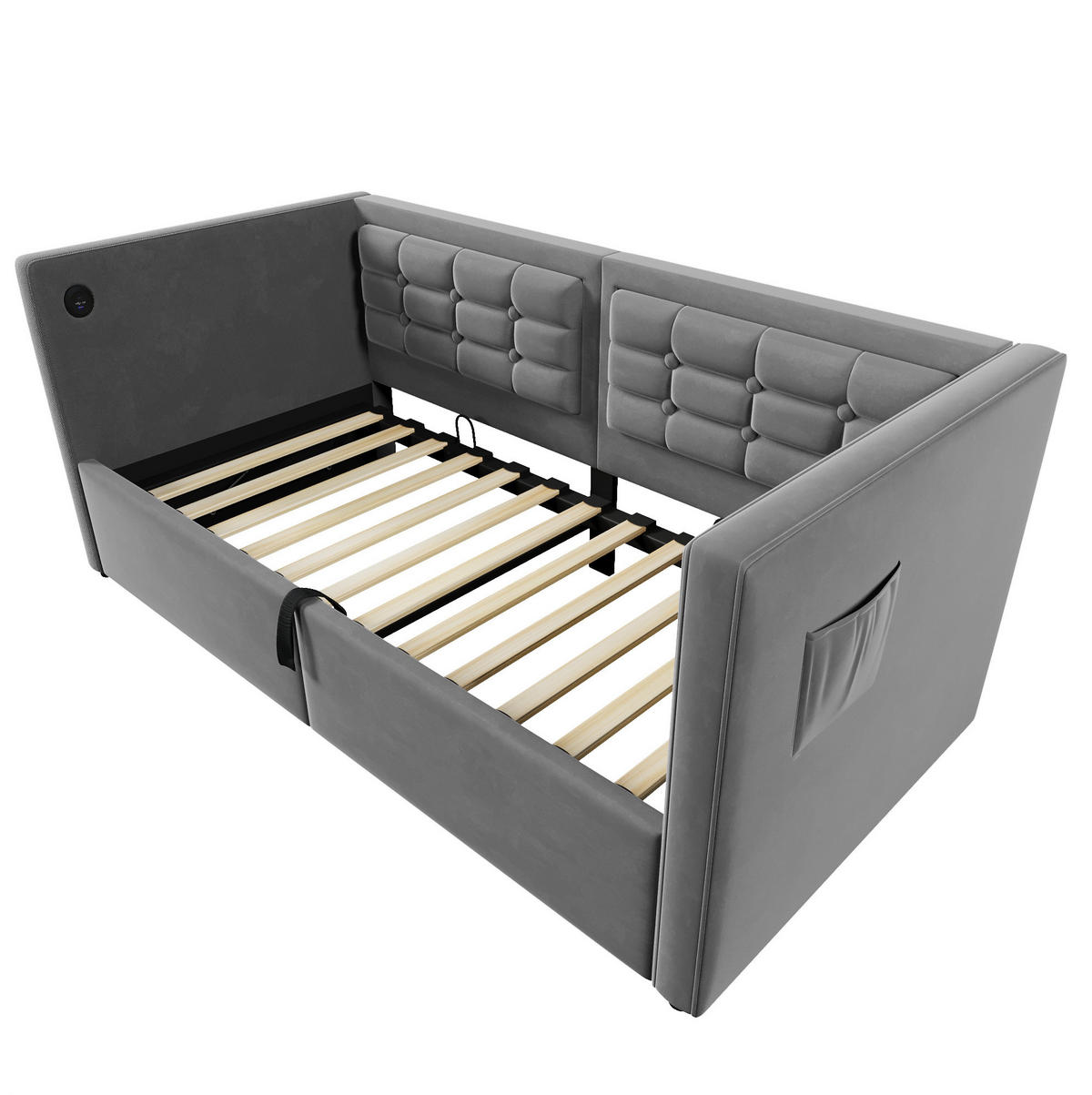 POLSTERBETT 90/200 cm mit USB- und Type-C-Ladestation, hydraulischem Stauraum und Samtbezug, Grau - Grau, Holz (90/200cm) - Redom