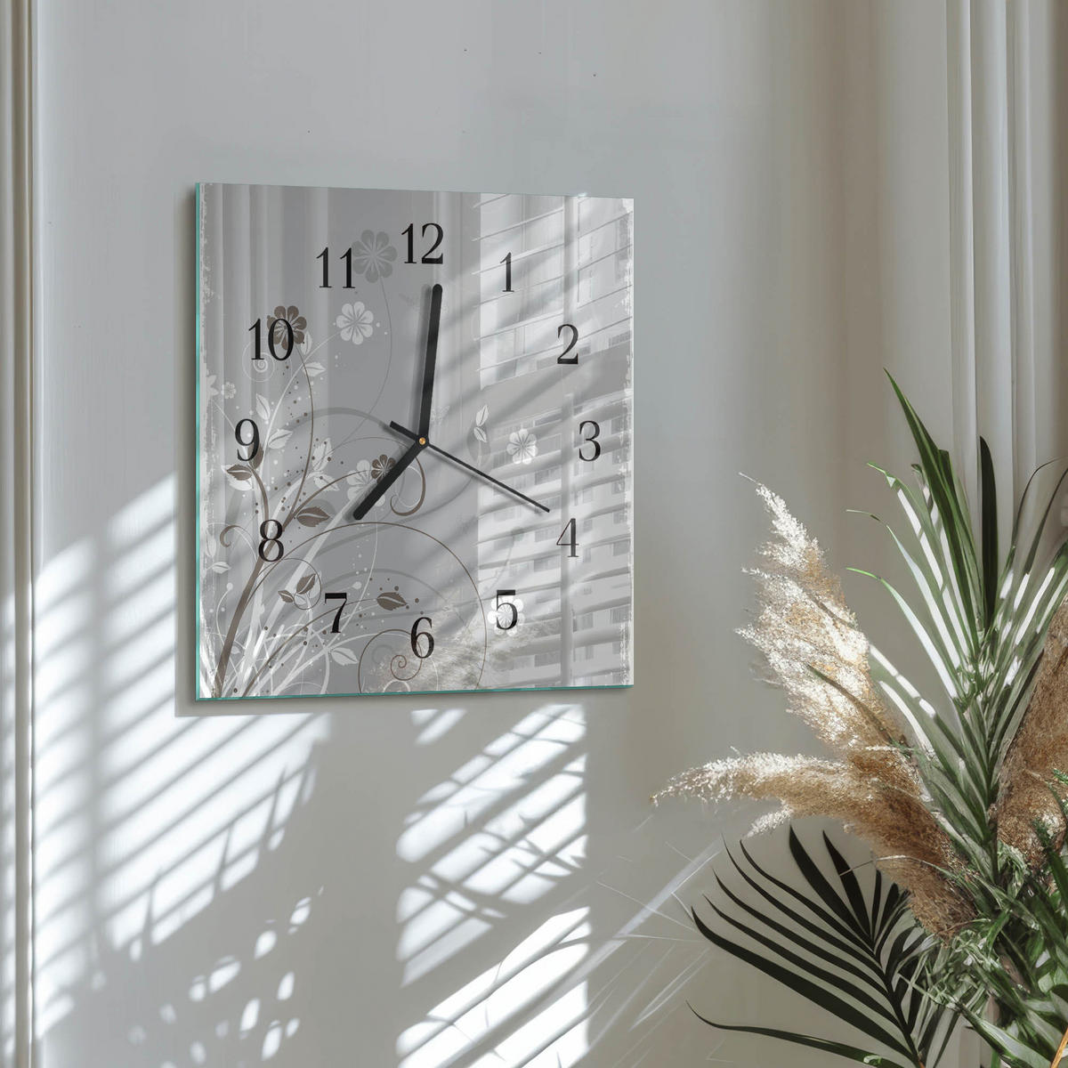 WANDUHR 30x30 cm - Blumen - Grau, Glas (30/30/0.4cm) - TULUP