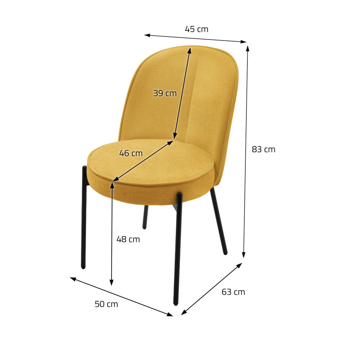 ESSZIMMERSTUHL 6er Set Senf mit Stoffbezug - Gelb/Schwarz, Textil/Metall (50/83/63cm) - ML-DESIGN