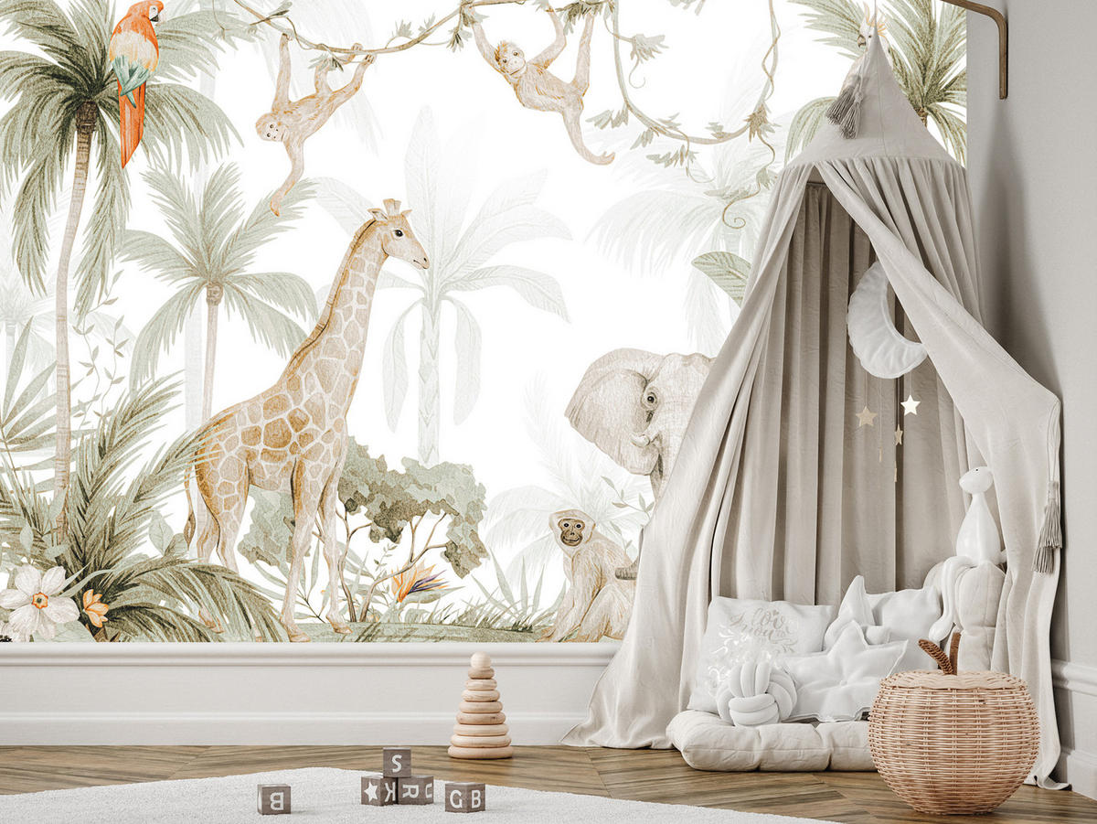 FOTOTAPETE für Kinderzimmer Dschungel Tiere Giraffe Elefant Palmen 500x350 - Ecru/Braun, Papier (500/350cm) - Muralo