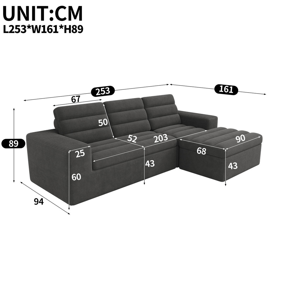 ECKSOFA 253/161/89 cm Dunkelgrau mit 1 Fußhocker - Dunkelgrau, Textil (253/161cm) - Oxeza