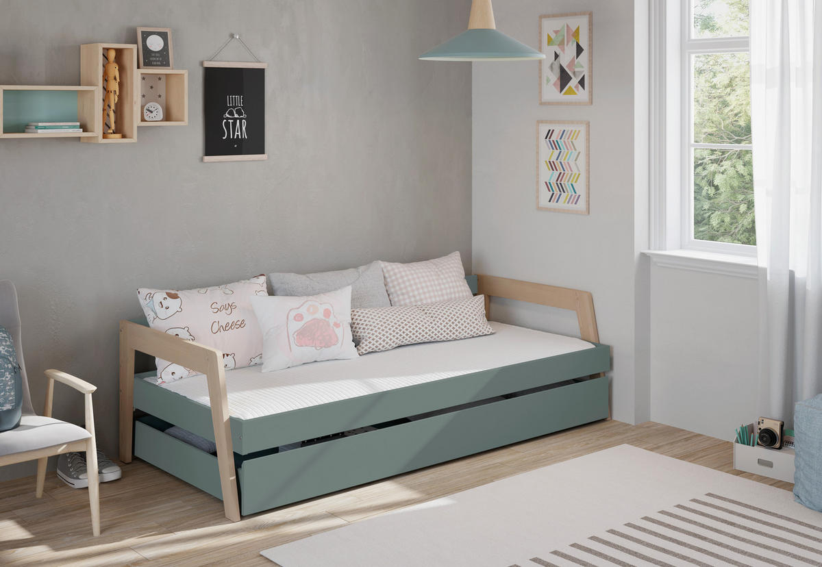 BETT 90x200 cm mit Schublade Bett 90x190 cm 96,4/210,4/59,5 cm - Grün, Holz - Calicosy