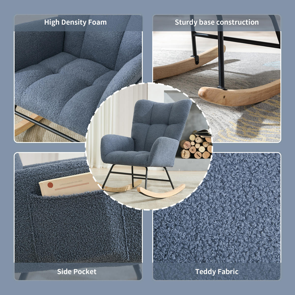 SCHAUKELSTUHL mit Seitentasche und hoher Rückenlehne, Teddy, Navy - Blau, Textil (65/90/77cm) - Kaket