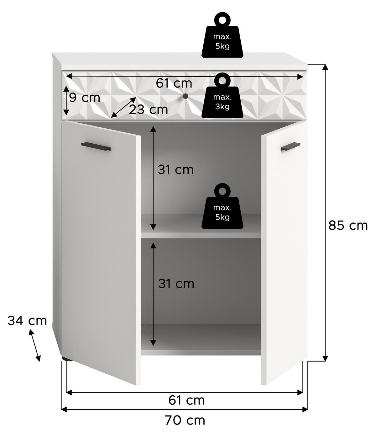 BADSCHRANK weiß Hochglanz 70 cm, Badezimmer Kommode mit 3D-Struktur - Weiß Hochglanz/Schwarz, Holzwerkstoff/Kunststoff (70/85/34cm) - Inn.Furn