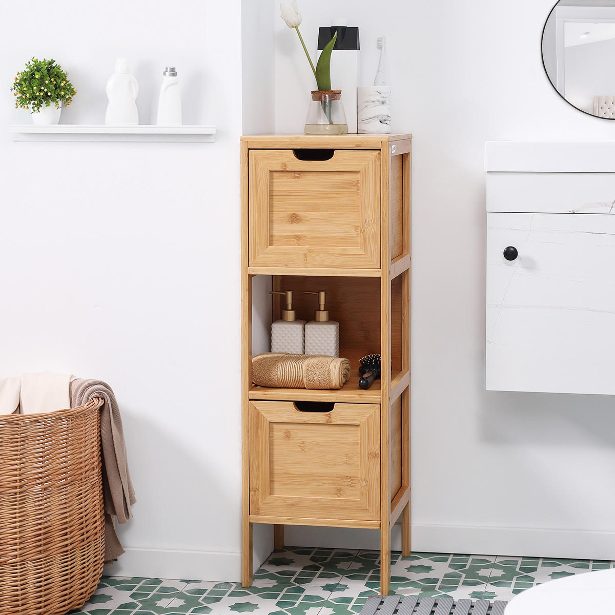BADEZIMMERSCHRANK, Badschrank aus Bambus, Aufbewahrungsschrank, 30 x 30 x 90 cm - Naturfarben, Holz (30/90/30cm) - Kleankin