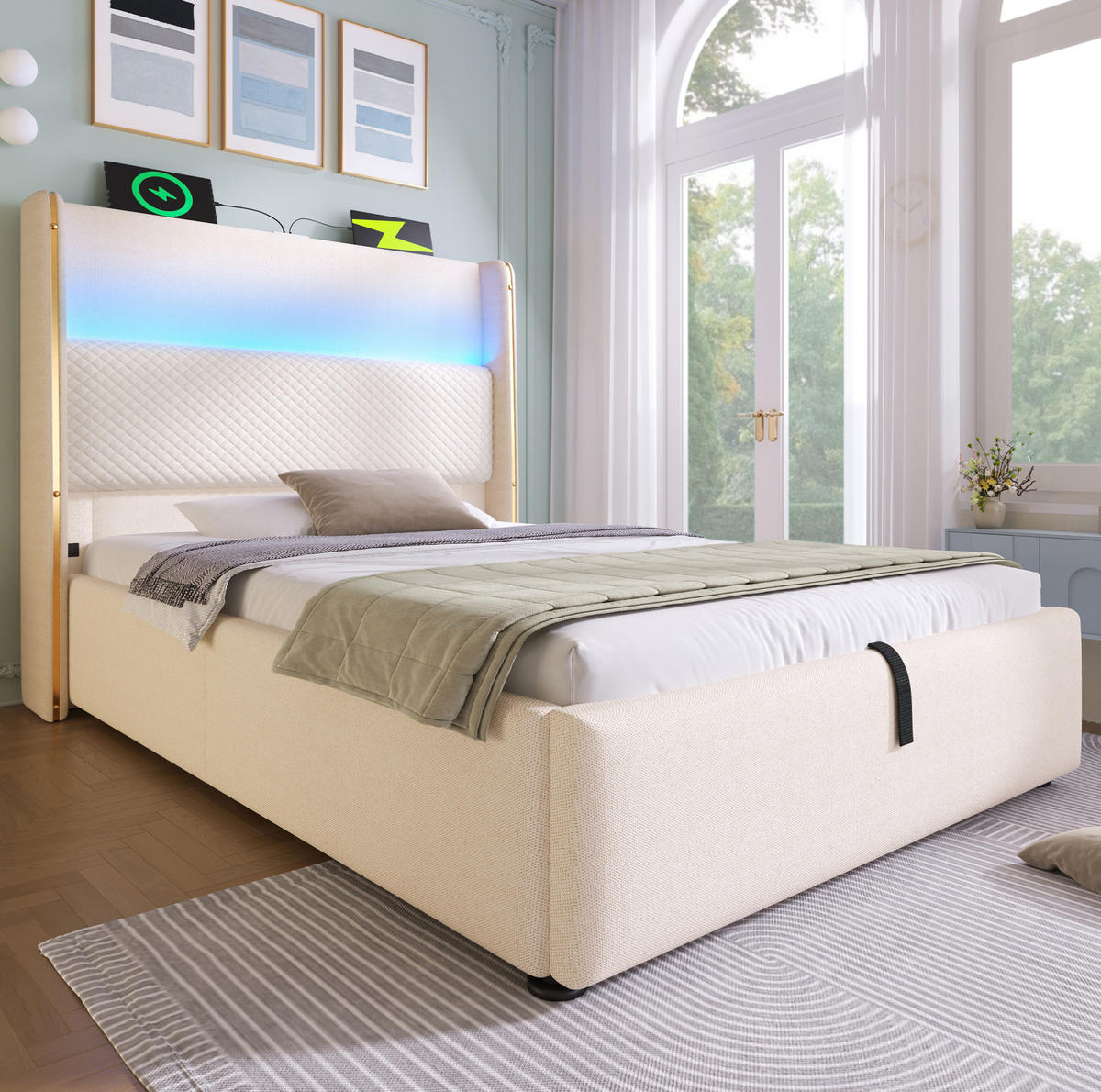 POLSTERBETT 90/200 cm in Beige mit Stauraum, LED-Beleuchtung und Matratze - Beige, Textil (90/200cm) - Flora Grace