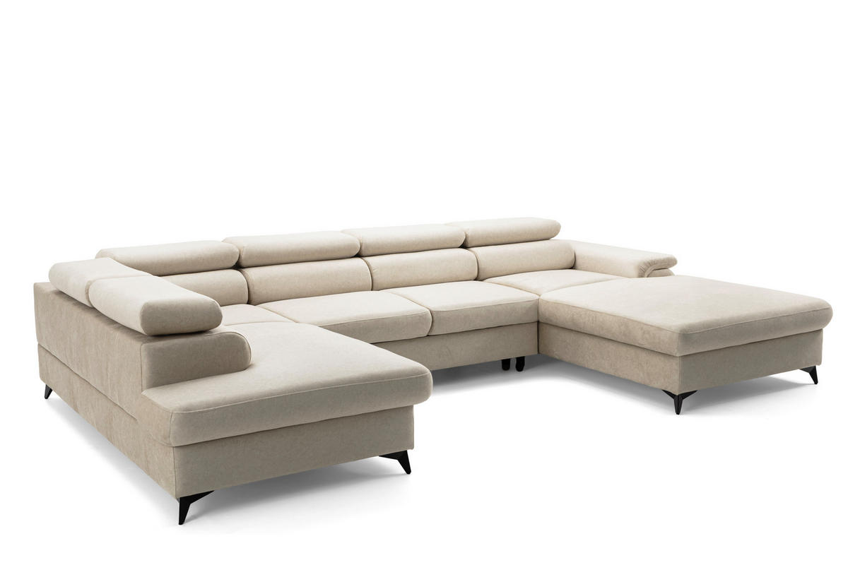 ECKSOFA U-Form PLAZA U Links mit Schlaffunktion 125x256 Velours Beige - Beige/Schwarz, Holz/Kunststoff (350/95/210cm) - Muffo