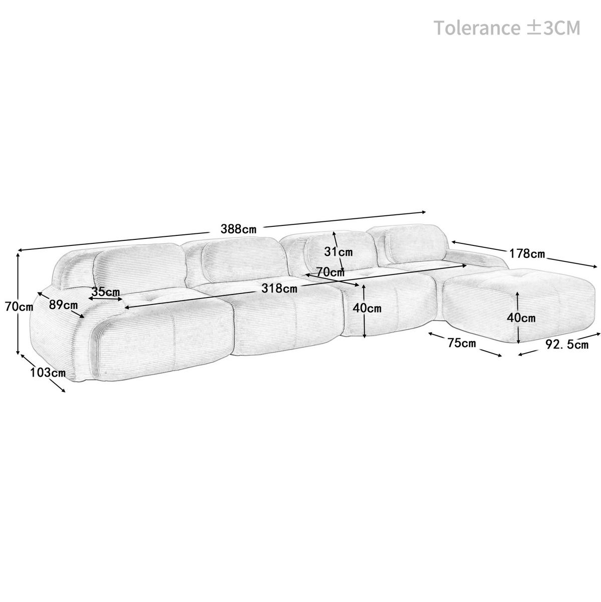 SOFA modular mit Chaiselongue Cord Black 4-Sitzer - Schwarz, Kunststoff (178/388cm) - Meubliv