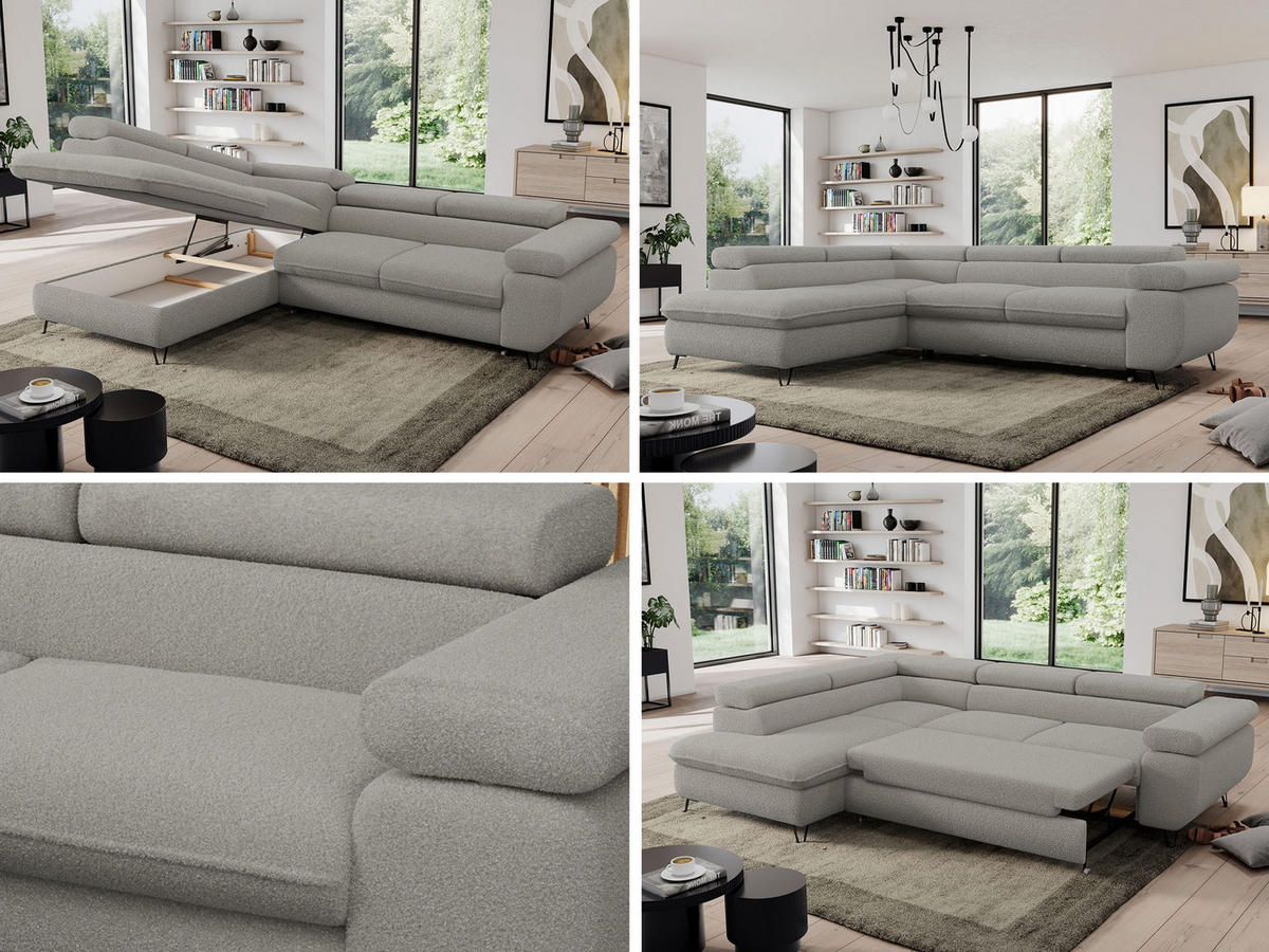 ECKSOFA PEDRO L Hellgrau Boucle - Links Seite - Hellgrau/Schwarz, Textil/Metall (208/273cm) - MKS