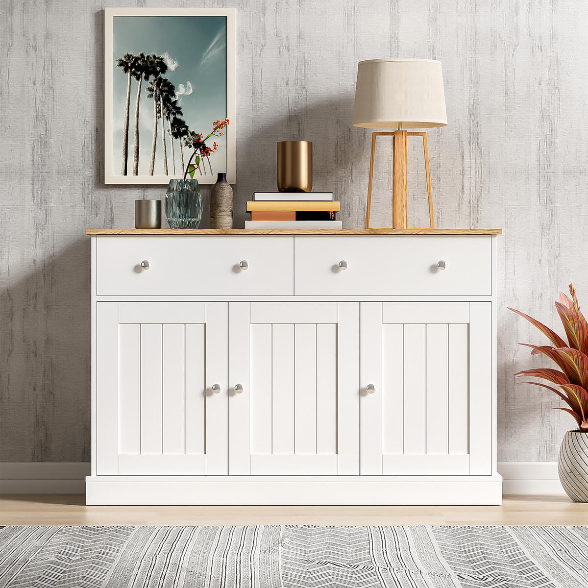 SIDEBOARD mit 3 Türen und 2 Schubladen, geprägte Front, 120/36/80,5 cm, Weiß und Holzoptik - Weiß, Holzwerkstoff (10/80.5/36cm) - Redom