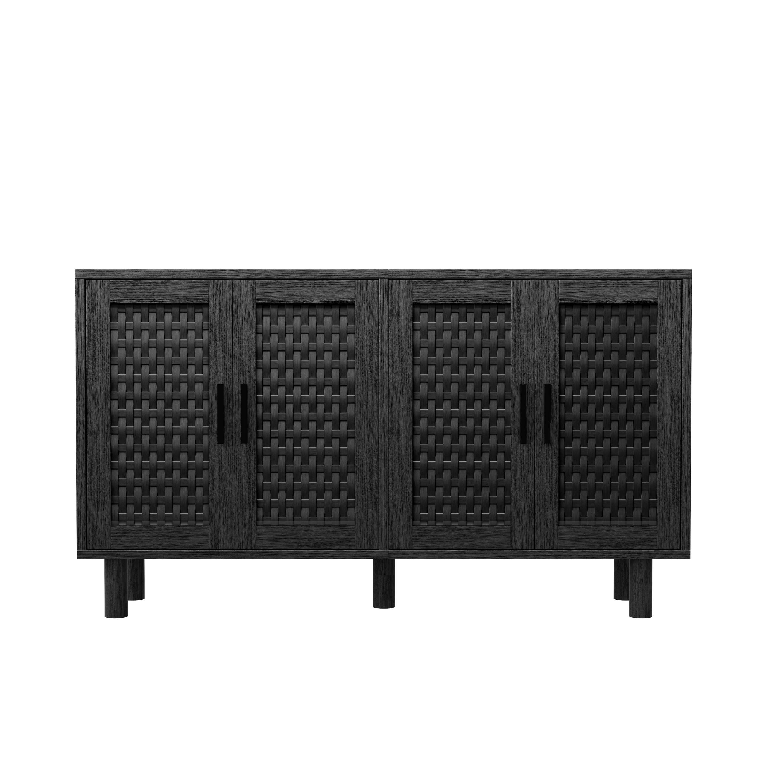 SIDEBOARD Japandi mit 4 Türen in Rattan-Optik 140/40/80 cm Schwarz - Schwarz, Holzwerkstoff (140/80/40cm) - Creahappy