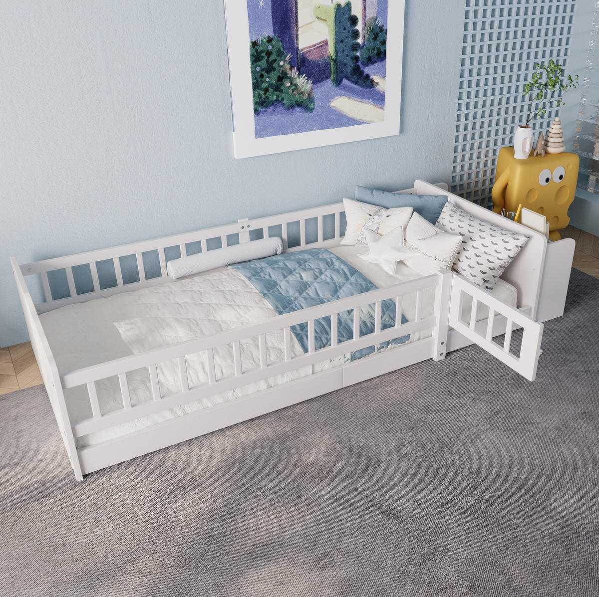 KINDERBETT 90/200 cm aus Kiefernholz und MDF mit offenem Stauraum und öffnbarer Zauntür Weiß - Weiß, Holz (90/200cm) - Modenvie