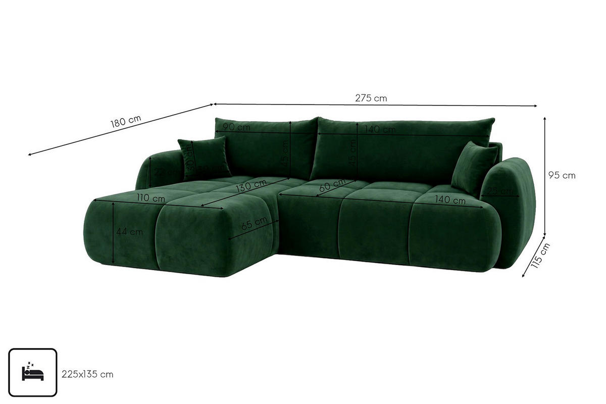 ROHOVÁ SEDAČKA s rozkládací funkcí a úložným prostorem, sametová látka Bluvel, Zelená, Levá, COCO - zelená barva, dřevo (275/180cm) - Kaiser Möbel