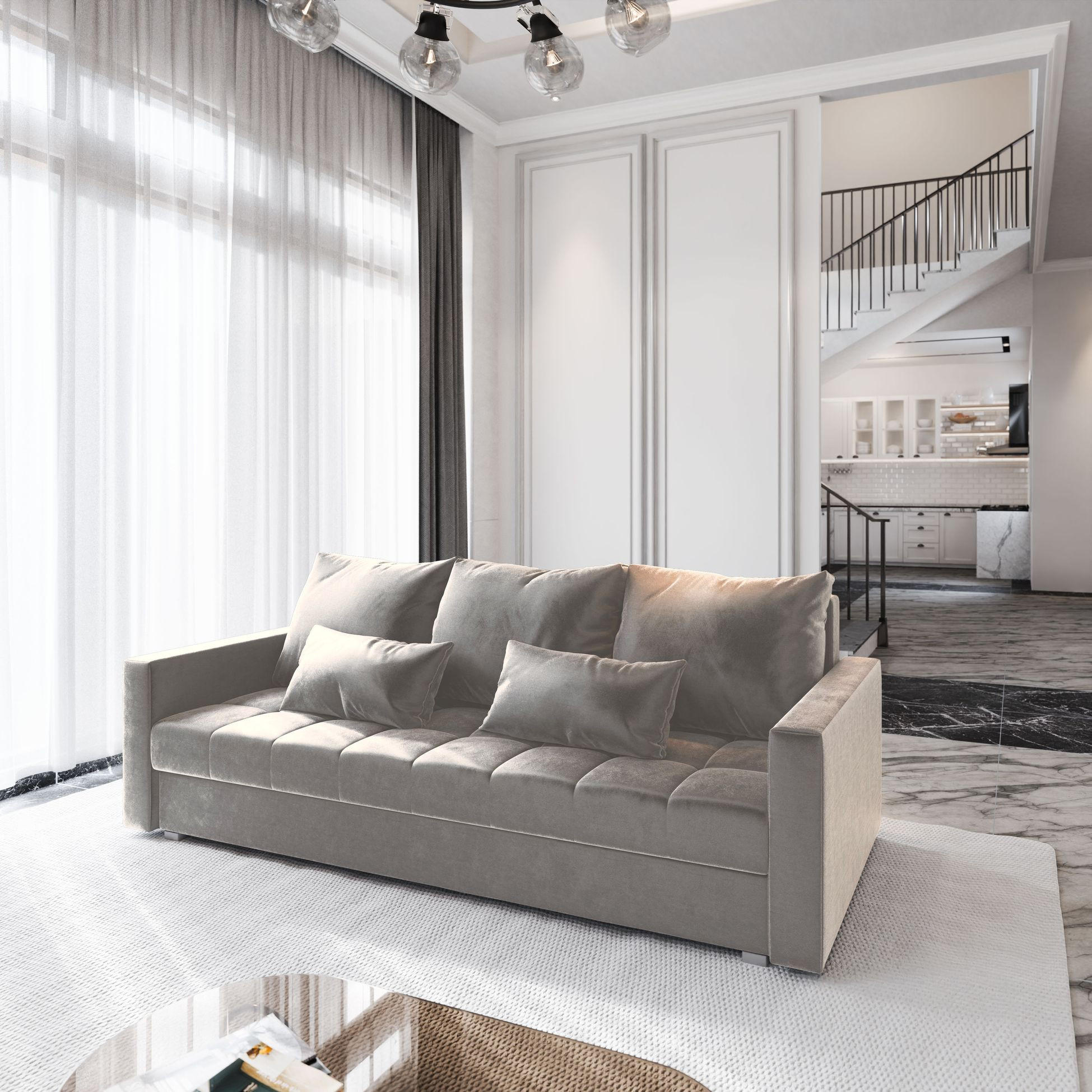 BETTSOFA SIRO Beige Plüsch-Stoff mit Schlaffunktion - Beige, Textil (222/83/86cm) - MASSENO