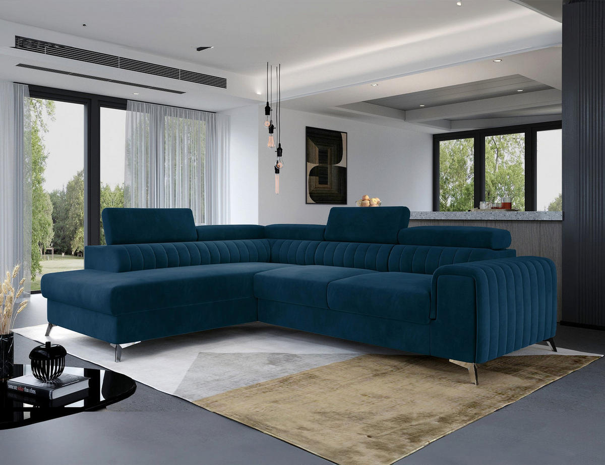 ECKSOFA Laurence mit Schlaffunktion & Bettkasten – 278 x 205 cm, verstellbare Kopfstützen - Blau, Kunststoff (278/205cm) - Wohnideebilder