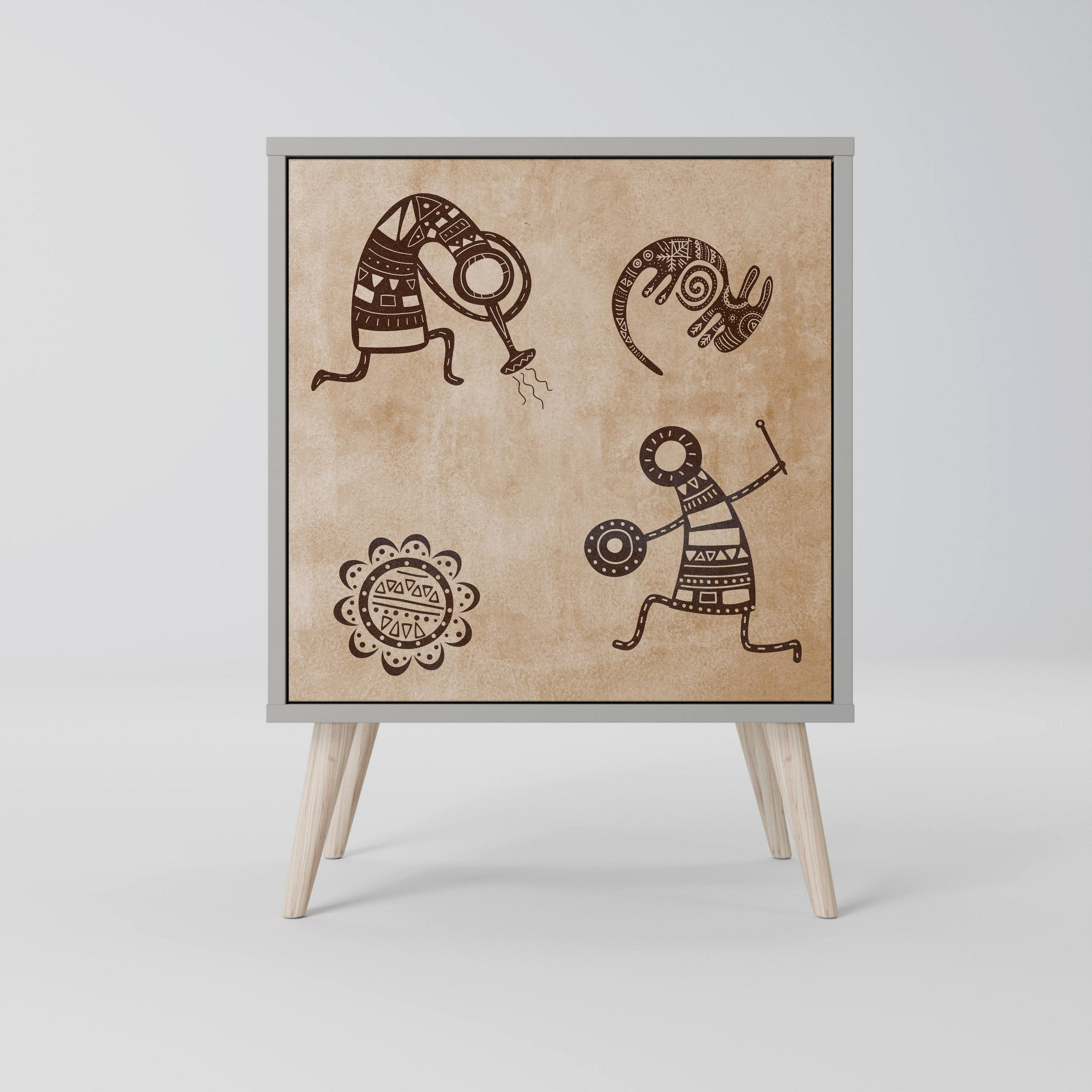 SIDEBOARD AFRICAN STYLE, Grau, 57,5x42x77,5 cm, Schräge Buchenholzfüße - Buchefarben/Multicolor, Holzwerkstoff/Buchenholz (57.5/77.5/42cm) - SpaceRebels