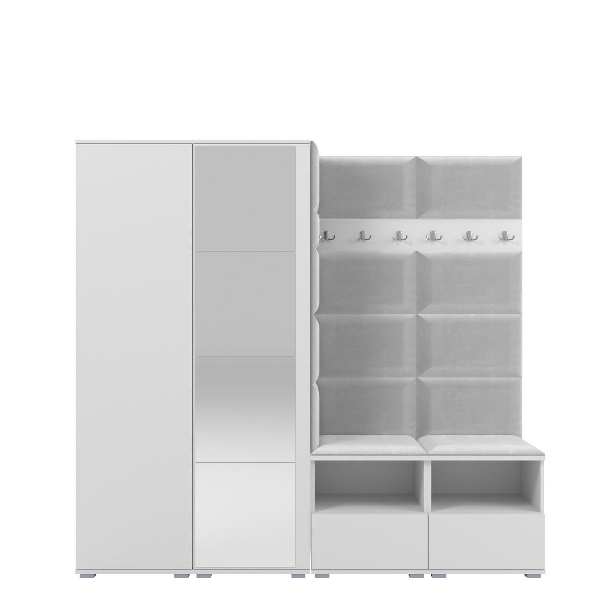 GARDEROBE NELA VI 200 cm (Kompaktgarderobe Weiß mit Spiegel & Sitzpolster Hellgrau 32 Schrank & Paneel) - Silberfarben/Hellgrau, Holz/Holzwerkstoff (200/187/40cm) - Ravio