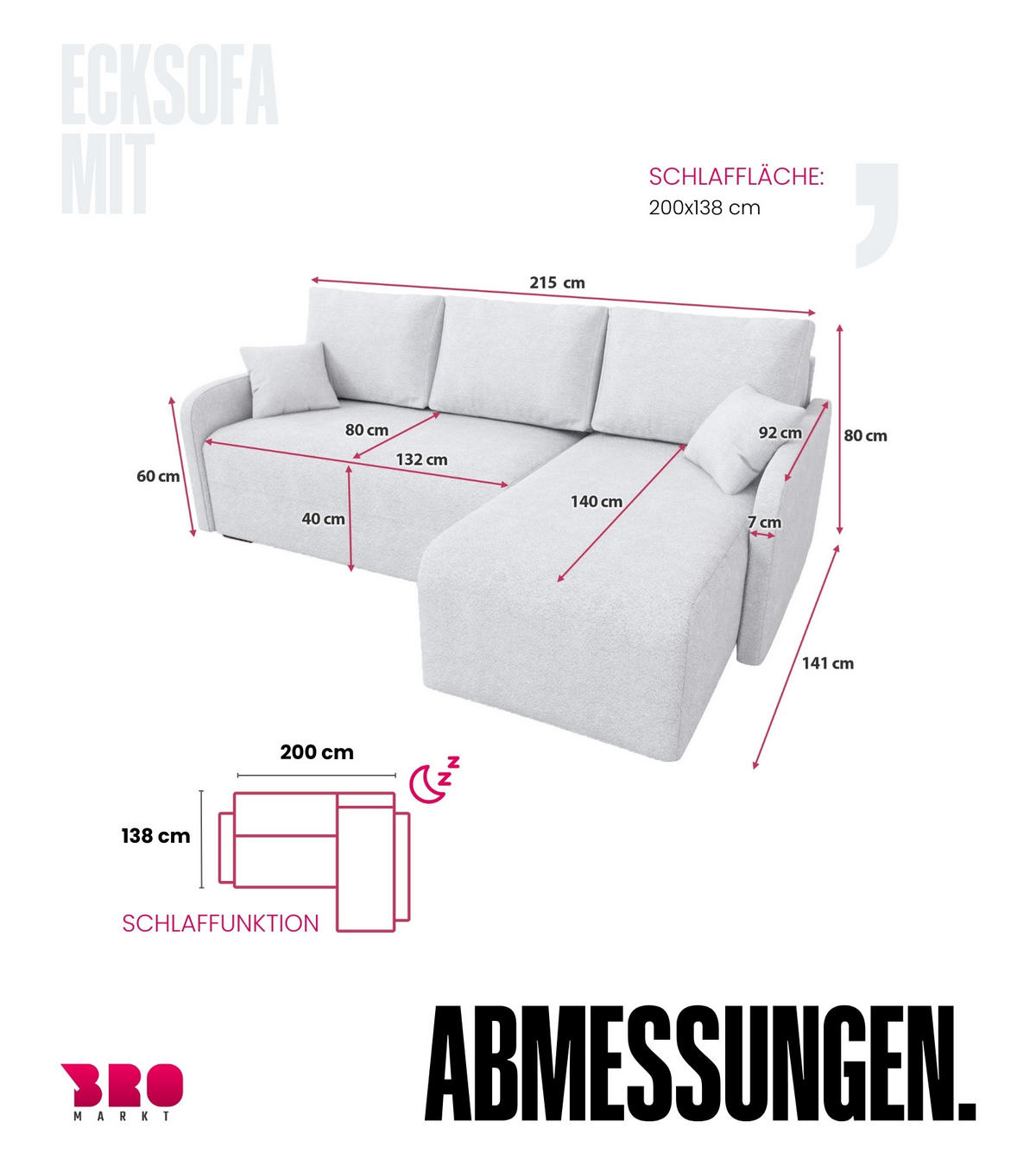 ECKSOFA Malen mit Schlaffunktion Grau Bouclé - Hellgrau, Textil (215/141cm) - Bromarkt