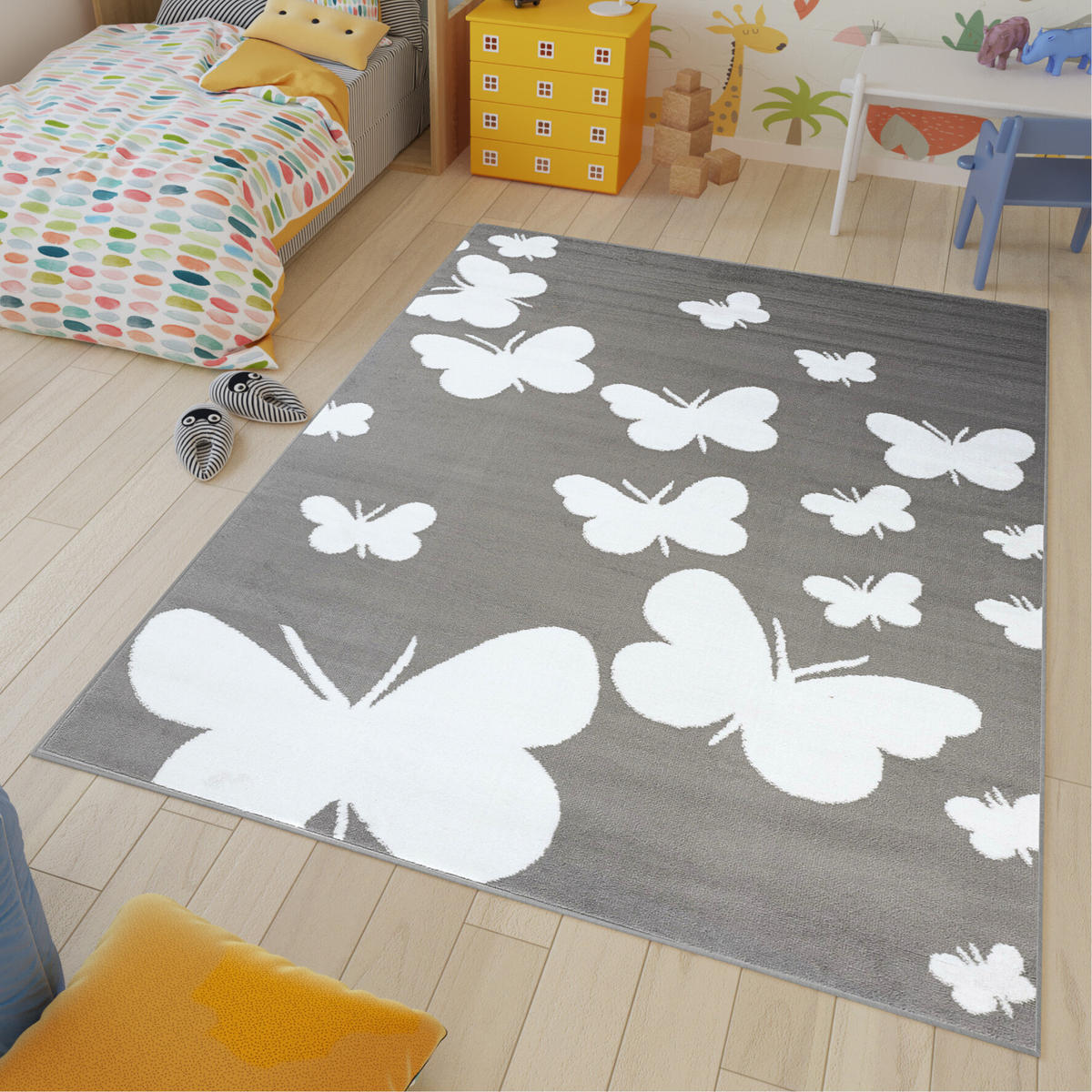TEPPICH LUXURY Grau Schmetterlinge Design 180/250 cm - Grau, Textil (180/250cm) - Tapiso