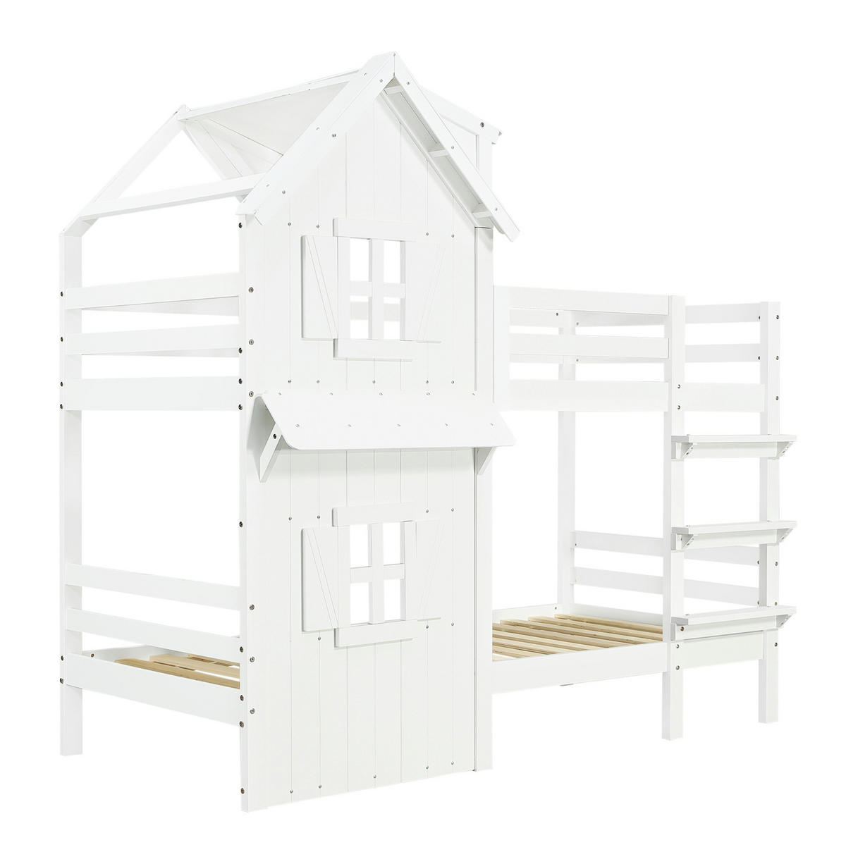 ETAGENBETT 90/200 cm, Weiß mit Dach, Fenstern und Sicherheitsgeländer - Weiß, Holzwerkstoff (90/200cm) - MIVRAY