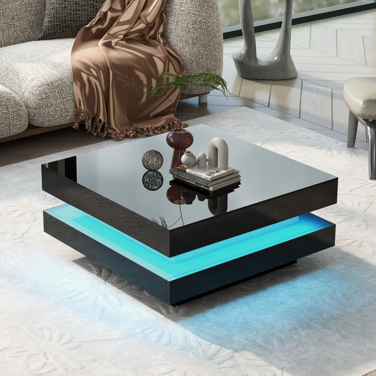 KLUBSKA miza, 70/70/36 cm črna, z LED osvetlitvijo in Bluetooth upravljanjem - črna, leseni material (70/70/36cm) - BEAOK
