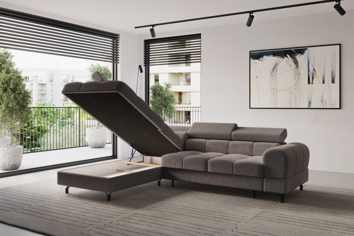 ECKSOFA mit Schlaffunktion Ottomane Links LUMA-L 272x203x70 Braun Bouclé - Dunkelbraun/Schwarz, Holzwerkstoff/Kunststoff (272/203cm) - ALTDECOR