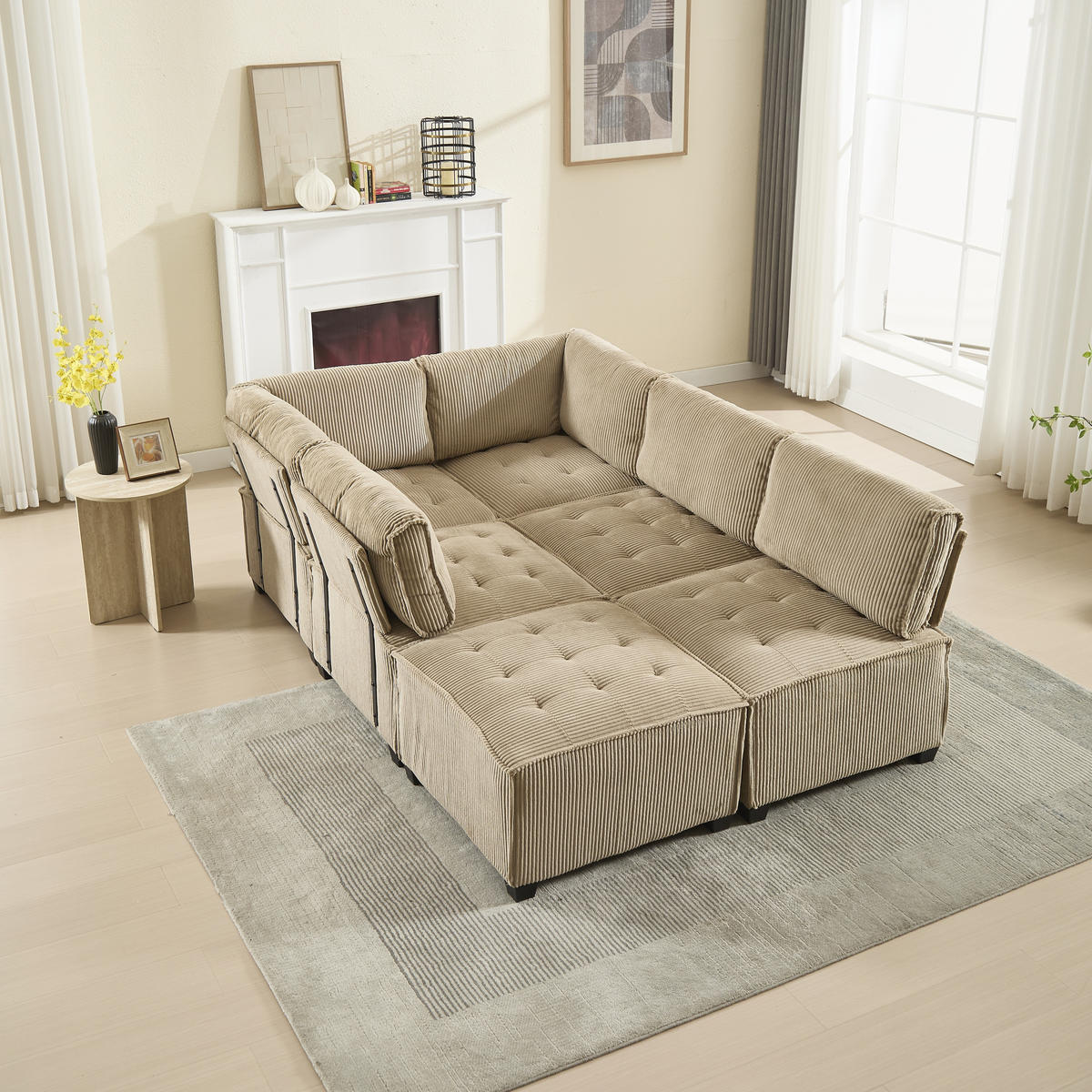 ECKSOFA 308/154/82 cm Khaki mit Stauraumtaschen und Fußbank - Sandfarben, Textil (308/154cm) - Oxeza