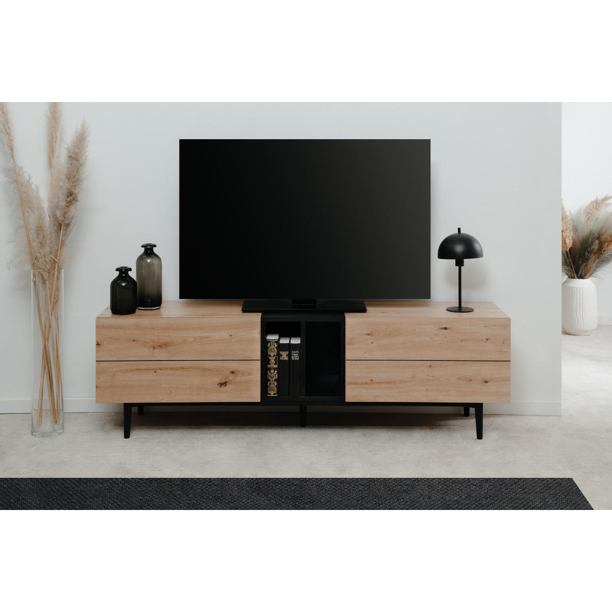 TV-MÖBEL mit 2 Klappen und 2 Nischen, Dekor Eiche Artisan und Schwarz 37/160/48 cm - Schwarz/Braun, Holzwerkstoff/Kunststoff (160/48/37cm) - Finori GmbH